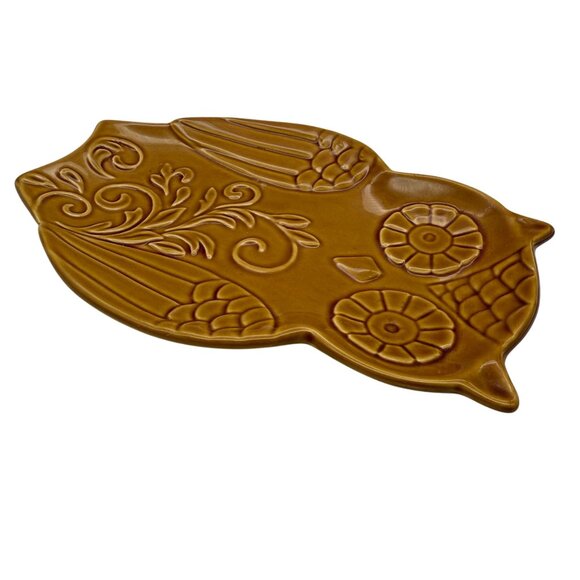 Dutch Wax Ceramic Owl Decorative Plate Handpainted Boho Kitchen Harvest Gold 8" - Picture 8 of 10